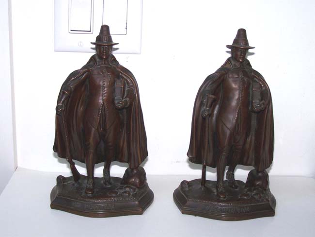 A Pair of Antique Bookends circa 1920 entitled 'THE PURITAN' originally commissioned to commemorate Deacon Samuel Chapin (1598-1675), founder of Springfield, Mass.